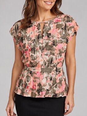 🆕🌸 DKNY Pleated Abstract Floral Peplum Blouse Keyhole Top Size M Office Chic